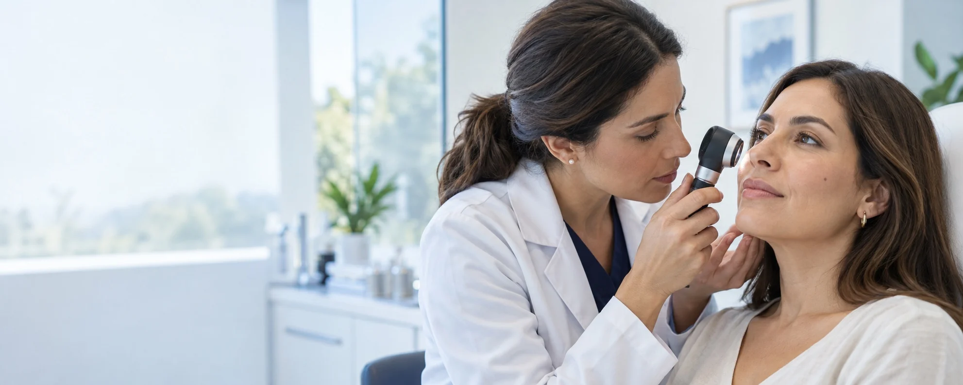 Dermatóloga examinando cuidadosamente un lunar facial con un dermatoscopio